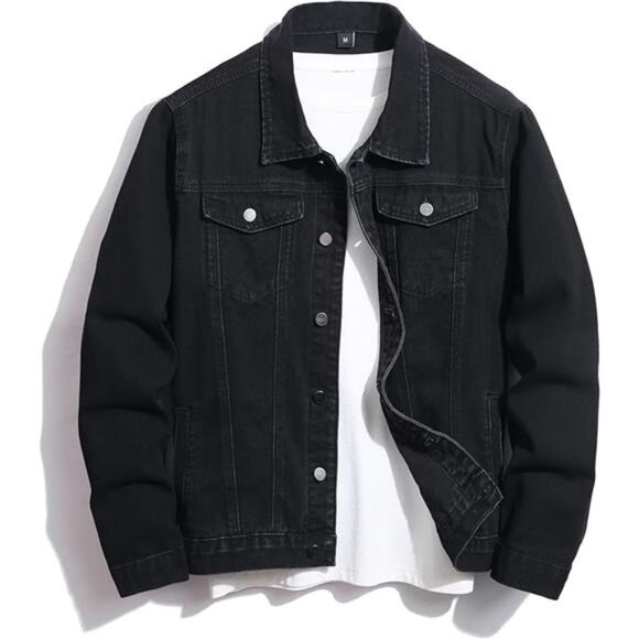 Men's Denim Jacket, Stretch Slim Fit Jean Jacket, Black - Picture 7 of 8